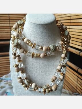 Limited Express Brand Wood Acrylic Lucite Long Gold Tone Dual Strand Necklace